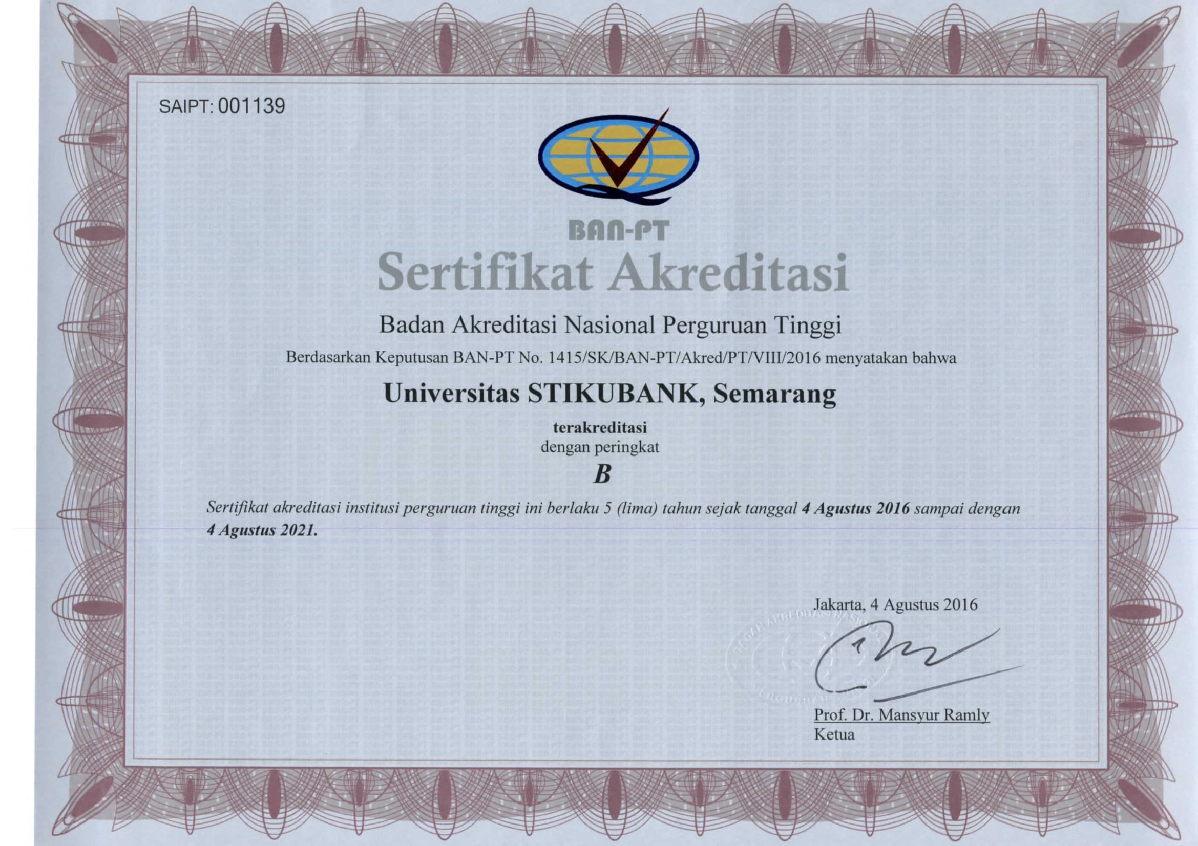 Universitas Stikubank Semarang berhasil memperoleh akreditasi Institusi B Klik untuk melihat gambar ukuran besar
